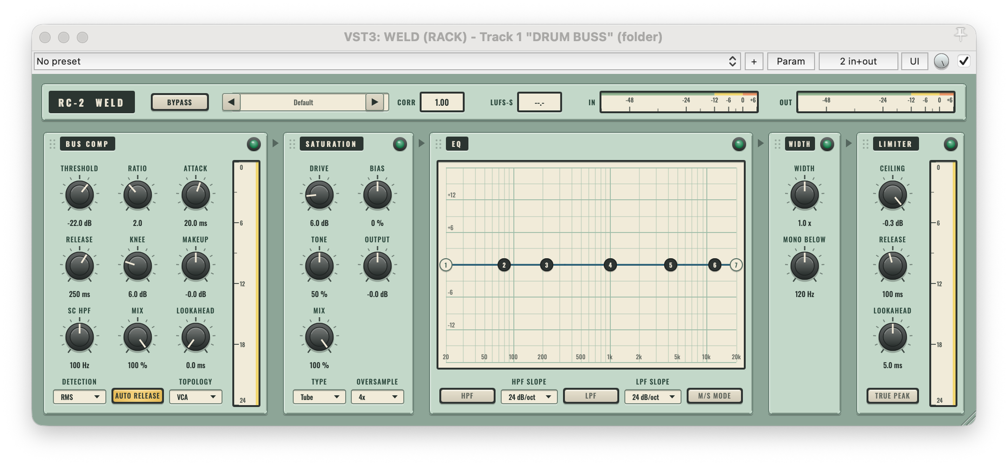 WELD bus glue plugin: bus compressor, saturation, EQ, width and limiter modules
